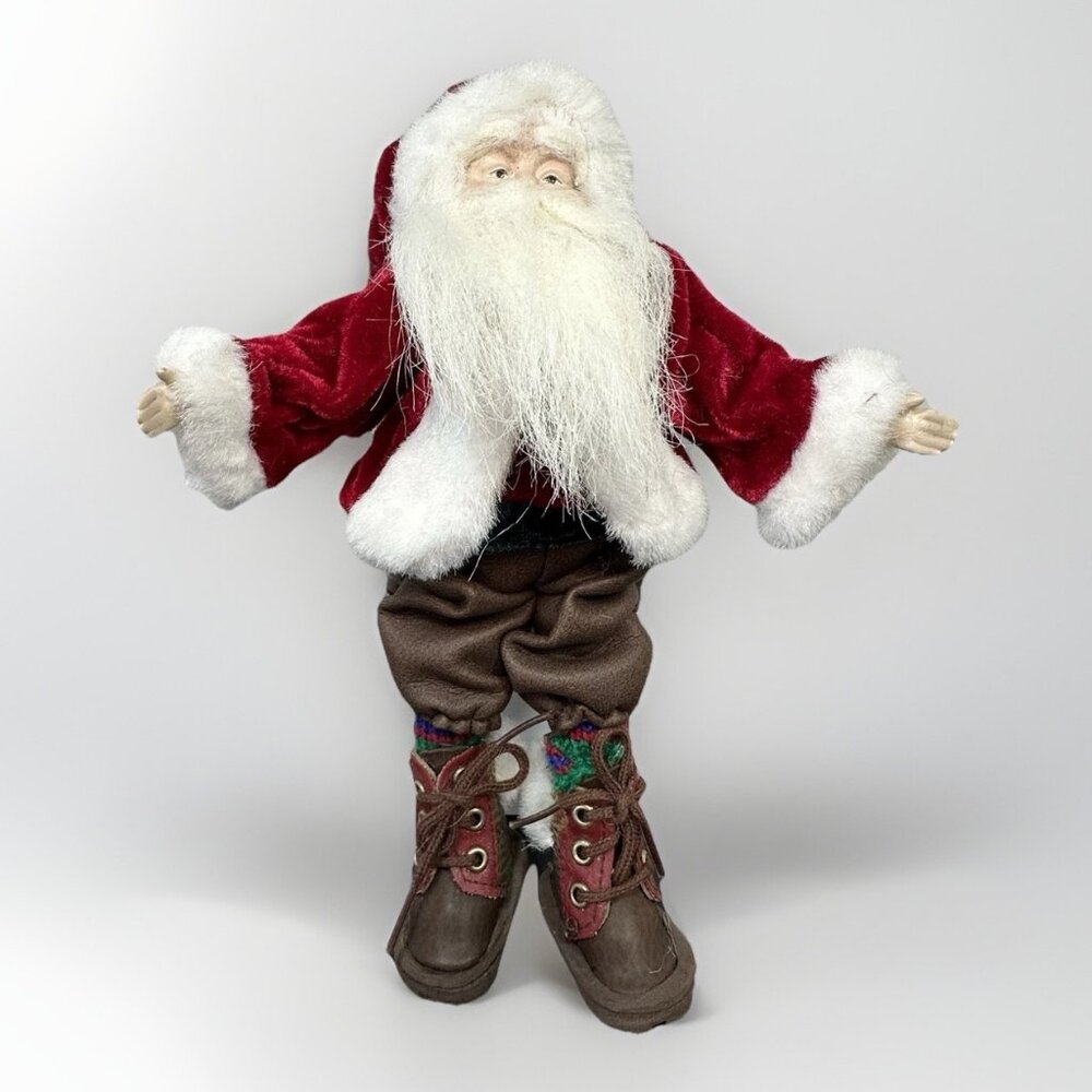 Santa Clause In Hiking Boots Velvet Starburst Hat Sweater Green Red Socks 8.5”